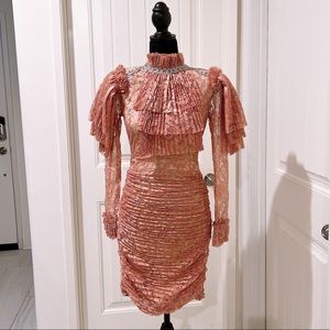 Gorgeous Mock Neck long sleeve lace pattern ruched frills ruffle Mini Dress Sz S